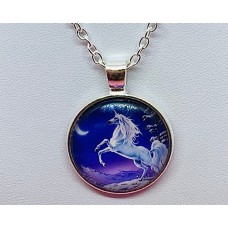 Unicorn Pendant Necklace  Round Glass on Silver Colour Chain