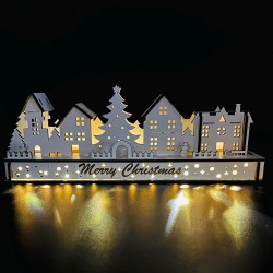 White wood Christmas light up decoration - two different scenes - village with tree and houses or a carousel. Hand assembled with LED lights