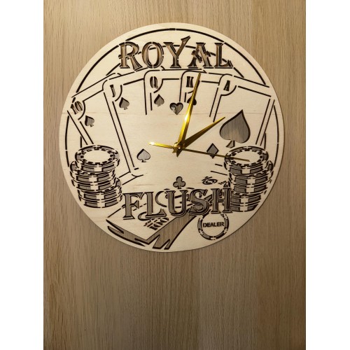 Wood poker cards clock featuring a Royal Flush - battery operated - ideal gift for the poker player
