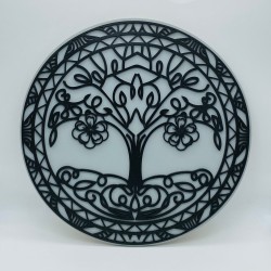 Tree of Life plaque - circular wooden hanging wall plaque painted silver grey and black