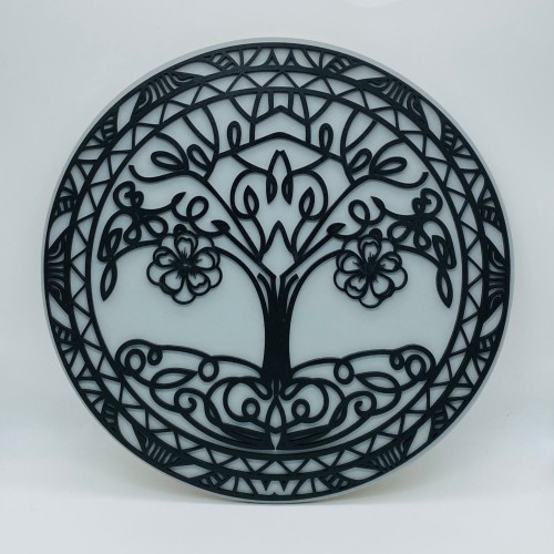 Tree of Life plaque - circular wooden hanging wall plaque painted silver grey and black Tree of Life plaque - circular wooden hanging wall plaque painted silver grey and black