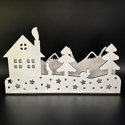 White wood Christmas scene featuring houses and trees â ideal for windowsill or mantlepiece
