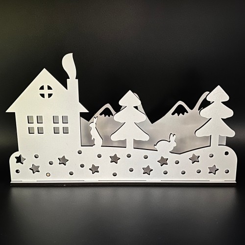 White wood Christmas scene featuring houses and trees â ideal for windowsill or mantlepiece White wood Christmas scene featuring houses and trees â ideal for windowsill or mantlepiece