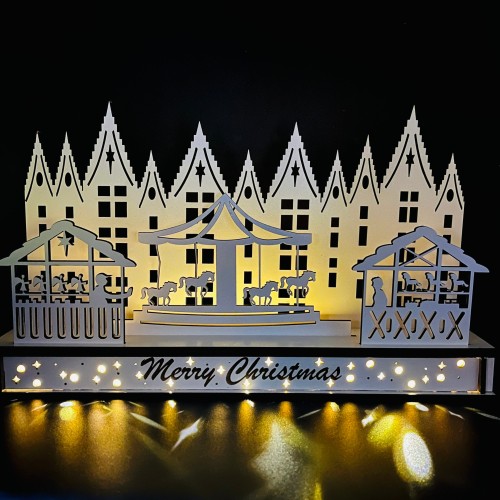 Wooden Christmas decoration white - Carousel with horses and side stalls. Available with optional LED lights - ideal window decoration.