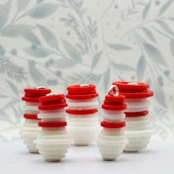 Christmas button snowman ornament decoration for your tree or home. A family of five handmade different sized snowmen with red accessories