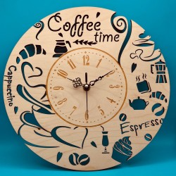 Coffee time clock featuring coffee related designs and battery operated