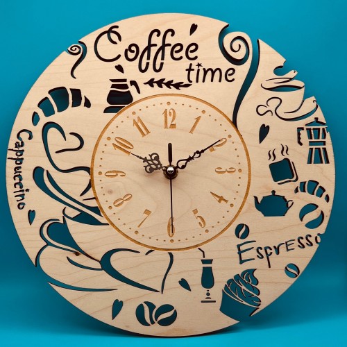 Coffee time clock featuring coffee related designs and battery operated Coffee time clock featuring coffee related designs and battery operated
