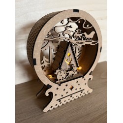 Christmas wooden snow globe with LED light. Featuring a Christmas scene with Santaâs sleigh, reindeer, trees and cabin.